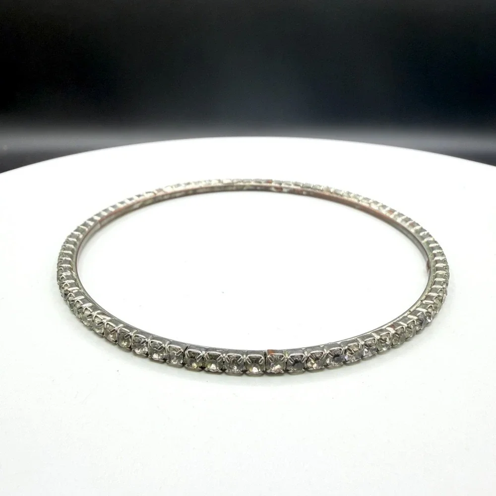 Silver Tone Clear Rhinestone Bangle Bracelet Prong Set Sparkle Statement Jewelry